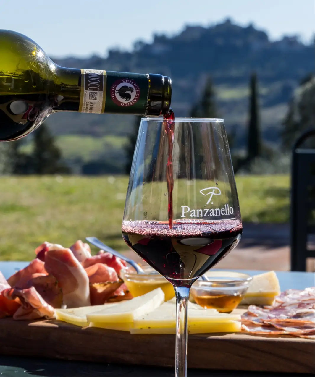 foto in primo piano ambientata con sfondo verde soleggiato e primo piano Degustazione Vini della Cantina Panzanello con tagliere